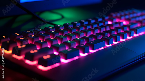 Working on a neon computer keyboard with colored backlighting. Computer video games, hacking, technology, internet concept. Selected focus.