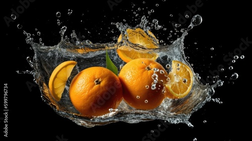 Oranges with water splash on black background ,Generative AI