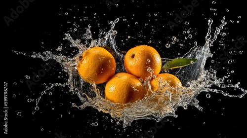 Oranges with water splash on black background ,Generative AI