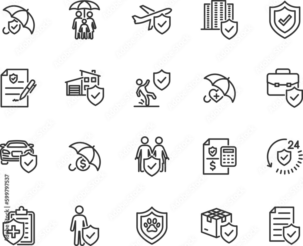 Vector set of insurance line icons. Contains icons insurance medical, travel, car, real estate, family, cargo, insurance policy and more. Pixel perfect.