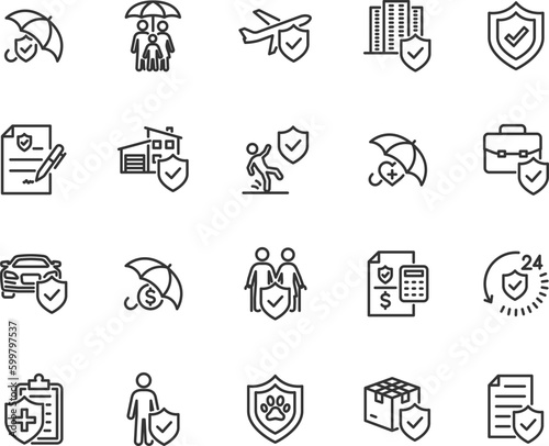 Vector set of insurance line icons. Contains icons insurance medical, travel, car, real estate, family, cargo, insurance policy and more. Pixel perfect.