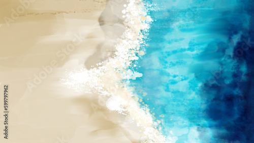 watercolor texture with blue sea and sand beach. view from above. illustration for cards  posters or other design