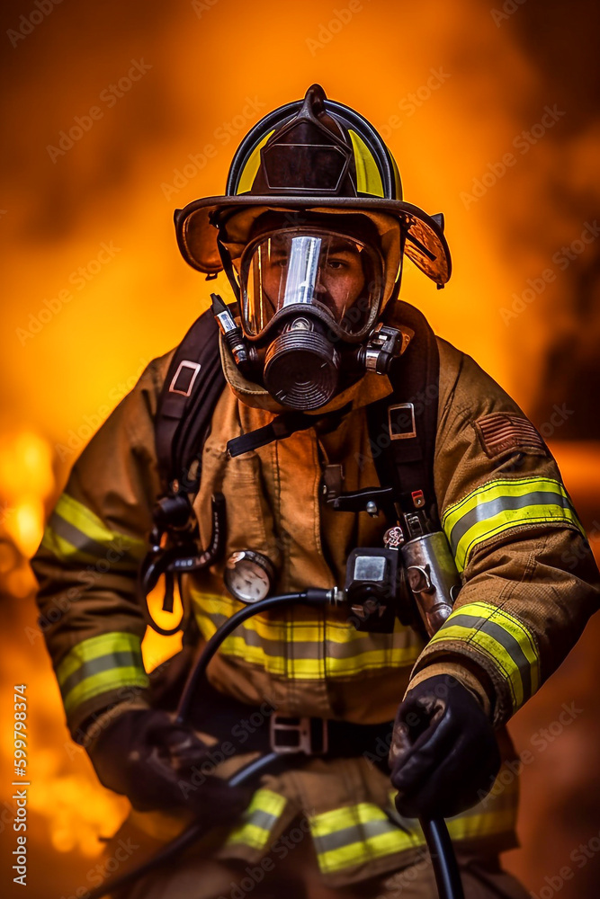 A male firefighter in full gear, including an oxygen mask, standing in front of a burning building with flames and smoke billowing behind him.  - ai generative
