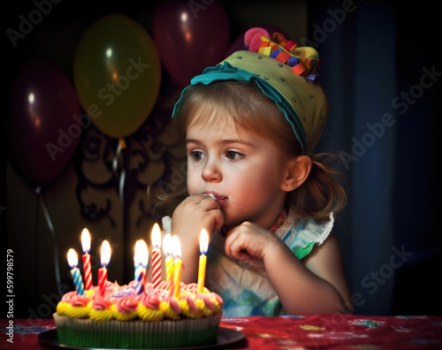 Little girl making a wish on her festive birthday cake with colorful balloons..