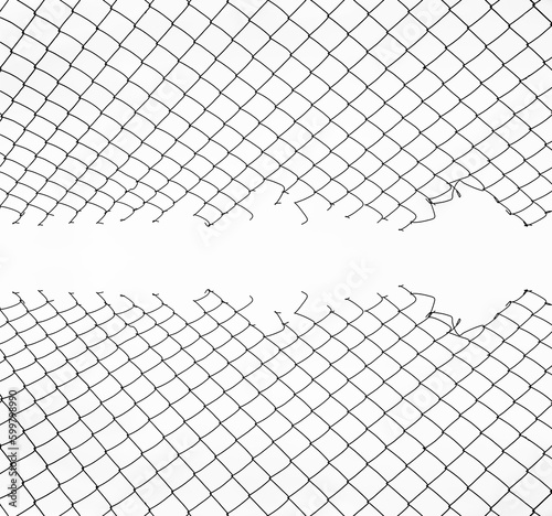 Opening in metallic fence isolated on white background .breakthrough concept. metaphor. Chain-link  wire netting  wire mesh  cyclone hurricane fence. Challenge. uncertainty.