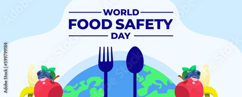 World Food Safety Banner Background. Design Horizontal Banner Template. With Apple, Banana, Blueberry, Fork and Spoon .Vector Illustration