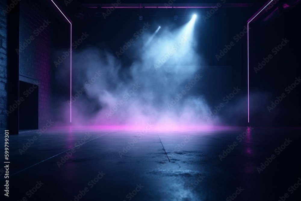 abstract room space cloud blue smoke fog light background neon rays. Generative AI. abstract room space cloud blue smoke fog light background neon rays. Generative AI.