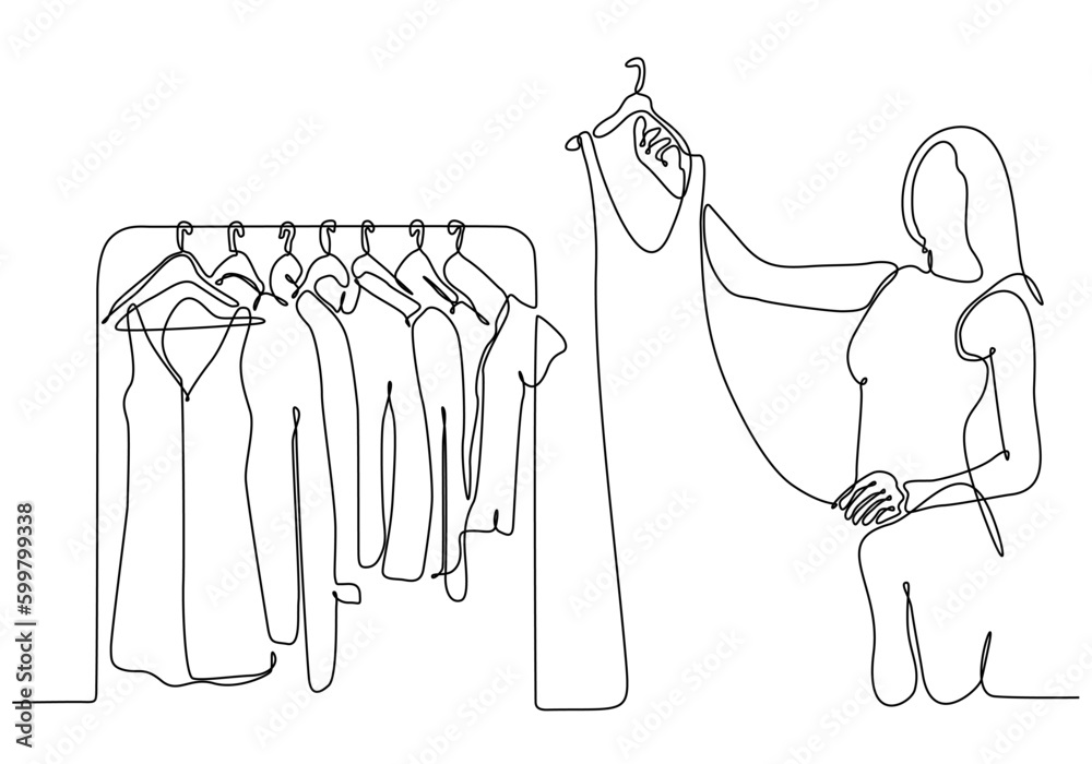 continuous line of woman choosing clothes in shop vector illustration - obrazy, fototapety, plakaty 