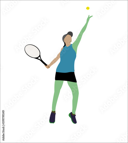 Female tennis player in action. Solid background, tennis, sport, player, silhouette, racket, ball, game, athlete, play, vector, badminton, woman, illustration, competition, people, sports, playing.  © LazyArtist