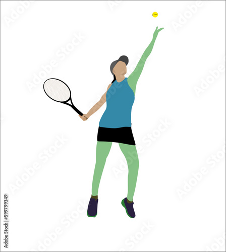 Female tennis player in action. Solid background, tennis, sport, player, silhouette, racket, ball, game, athlete, play, vector, badminton, woman, illustration, competition, people, sports, playing. 