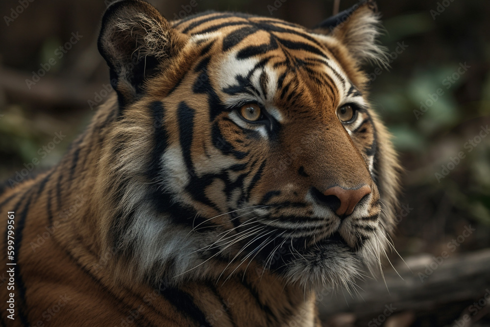 tiger is looking at the camera in the woods. Generative Ai tiger is looking at the camera in the woods. Generative Ai