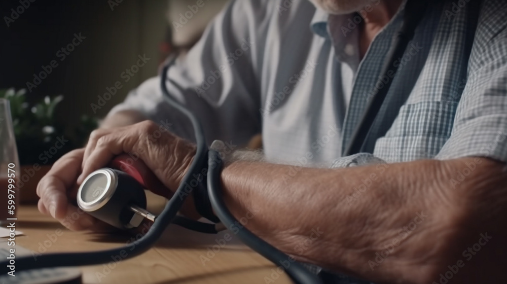 older man is using a stethoscope to check his blood pressure. Generative Ai