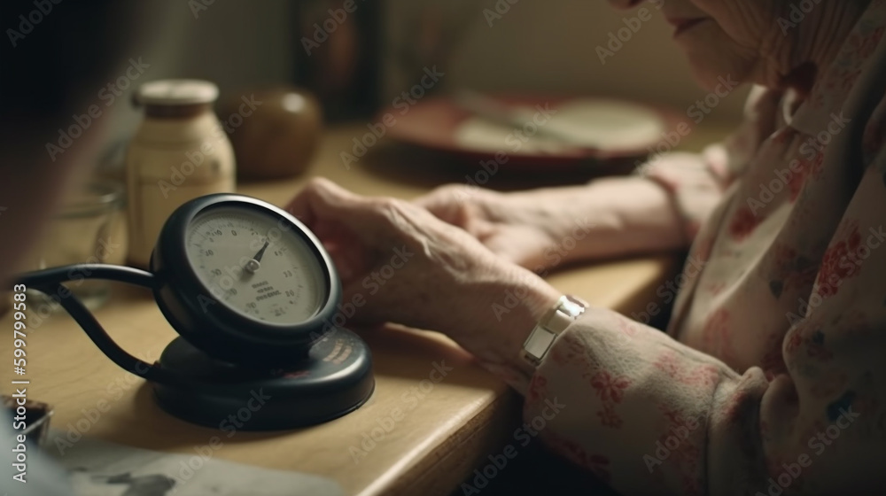 elderly woman is sitting at a table with a blood pressure meter. Generative Ai