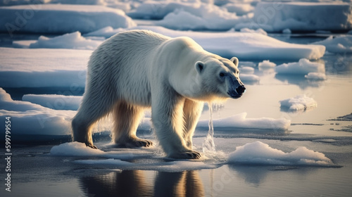  polar bear walking across a body of water. Generative Ai © PETR BABKIN