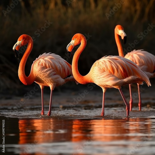 three flamingos are wading in shallow water. Generative Ai
