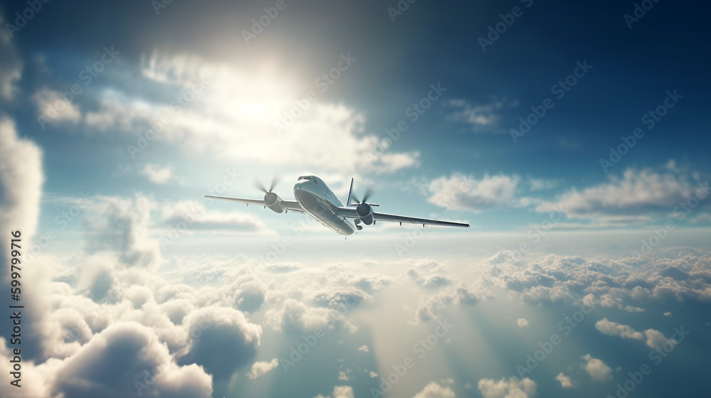 Fototapeta premium airplane is flying through the sky above the clouds. Generative Ai