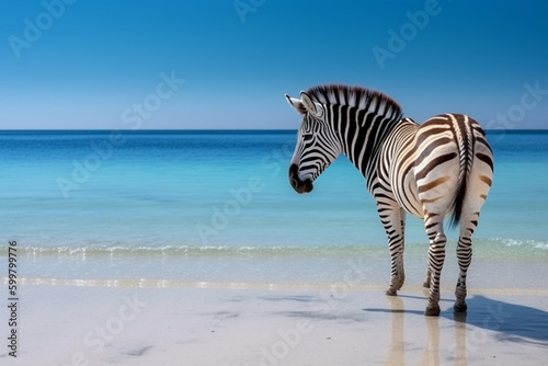 zebra standing on the beach looking out at the ocean. Generative Ai