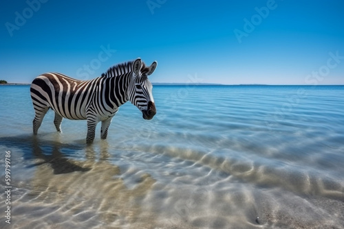 zebra standing in shallow water with blue sky in background. Generative Ai