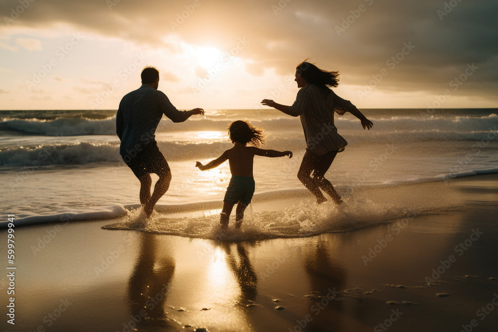 family running on the beach at sunset. Generative Ai