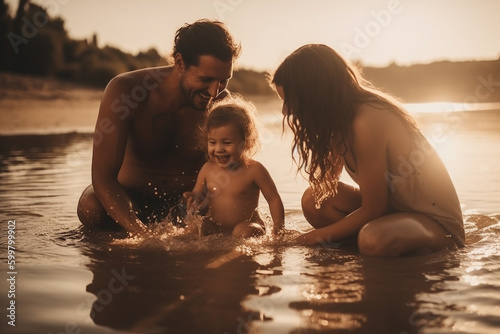 family playing in the water with a baby. Generative Ai © PETR BABKIN