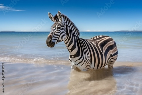zebra standing in shallow water on beach with clear blue sky. Generative Ai