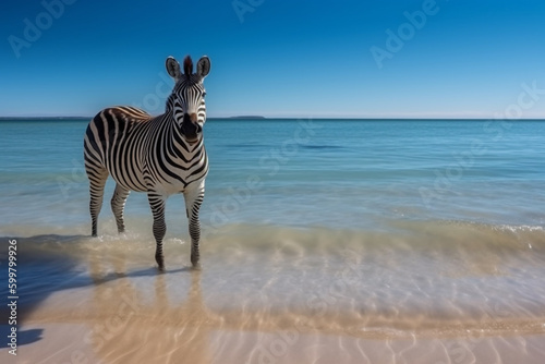  zebra stands in the water in front of a blue sky. Generative Ai