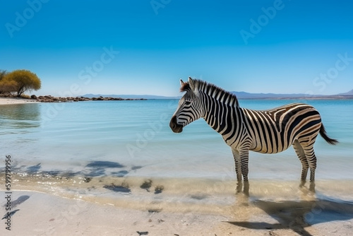 zebra standing on the beach looking out at the water. Generative Ai