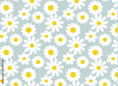 Daisy Flower Seamless Pattern On Blue Vintage Background Color. and daiconssy i