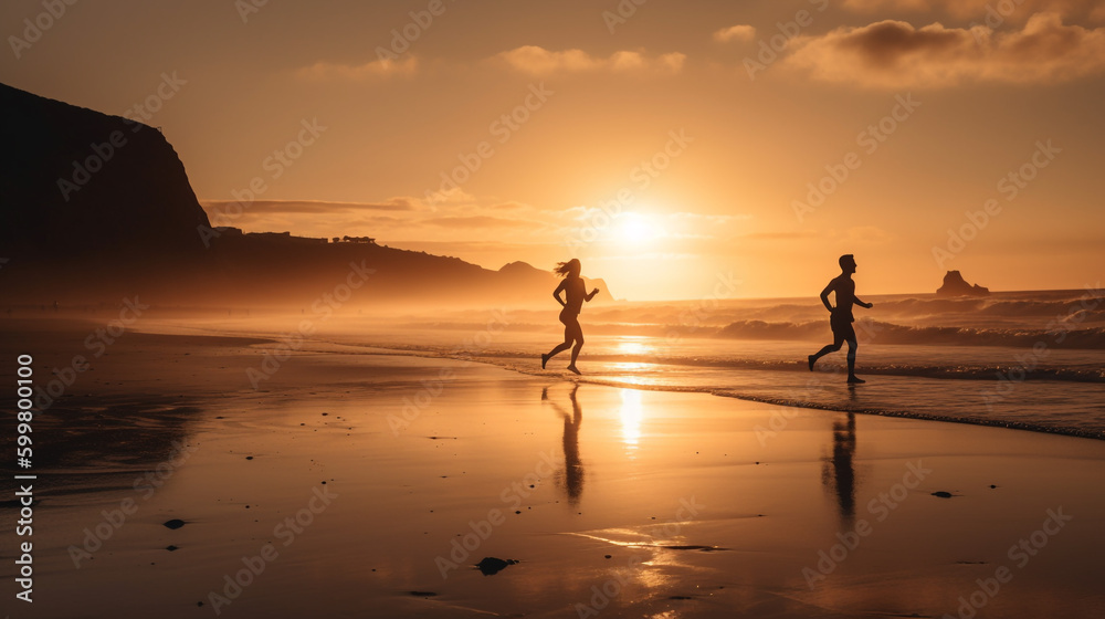 two people running along the beach at sunset. Generative Ai