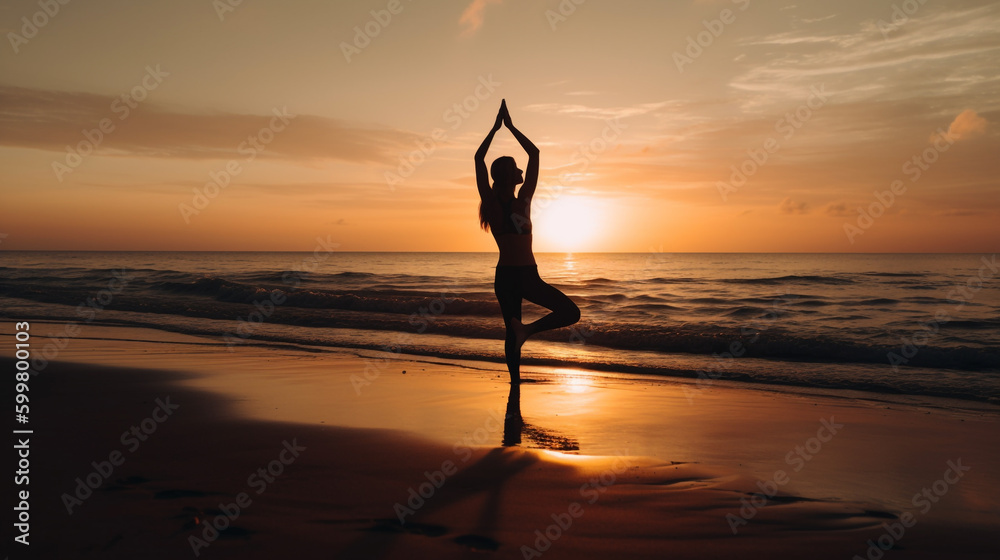 woman practicing yoga on the beach at sunset. Generative Ai