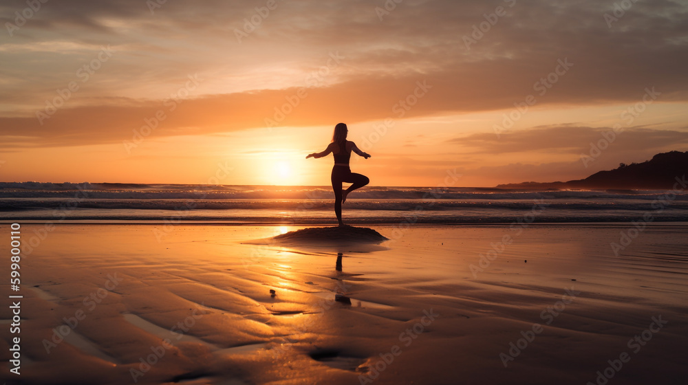 woman is doing yoga on the beach at sunse. Generative Ai