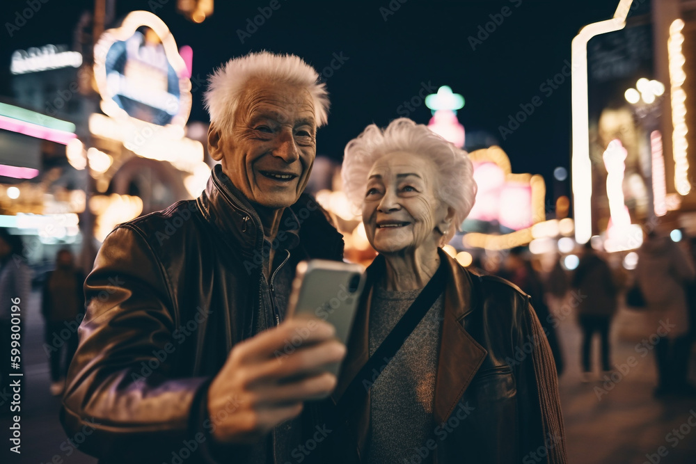 older couple taking a selfie in front of a city street. Generative Ai older couple taking a selfie in front of a city street. Generative Ai
