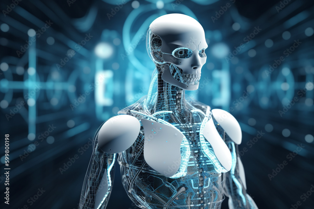new medical technologies for the study of the human body. close up of a robot with a glowing body and a blue background. Generative Ai new medical technologies for the study of the human body. close up of a robot with a glowing body and a blue background. Generative Ai
