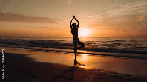 woman practicing yoga on the beach at sunset. Generative Ai