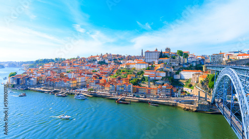 Fototapeta Naklejka Na Ścianę i Meble -  Aerial panoramic view of Porto cityscape, iron bridge and douro river