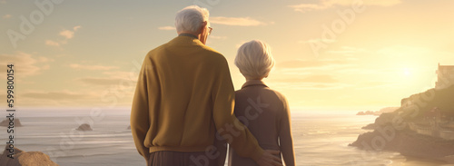 older man and woman holding hands while looking out at the ocean. Generative Ai