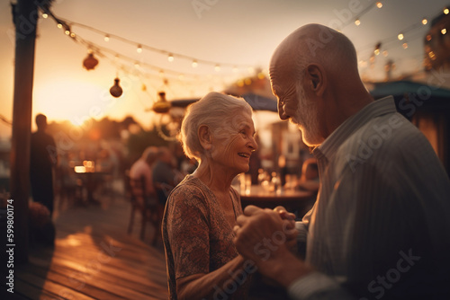 An elderly man and woman stand in a bar by the water at sunset. Romantic evening. older couple dancing on a deck at sunset. Generative Ai