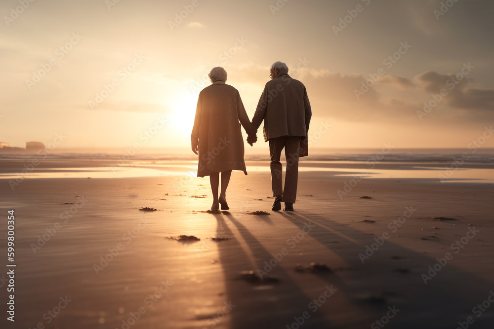 couple walking on the beach holding hands at sunset. Generative Ai