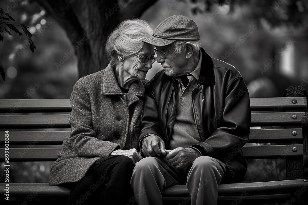 romantic memories of an elderly couple. older couple sitting on a bench together. Generative Ai romantic memories of an elderly couple. older couple sitting on a bench together. Generative Ai