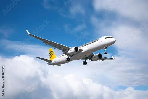 Vueling Airbus A321 airplane in flight against a blue cloudy sky taking off from the airport 