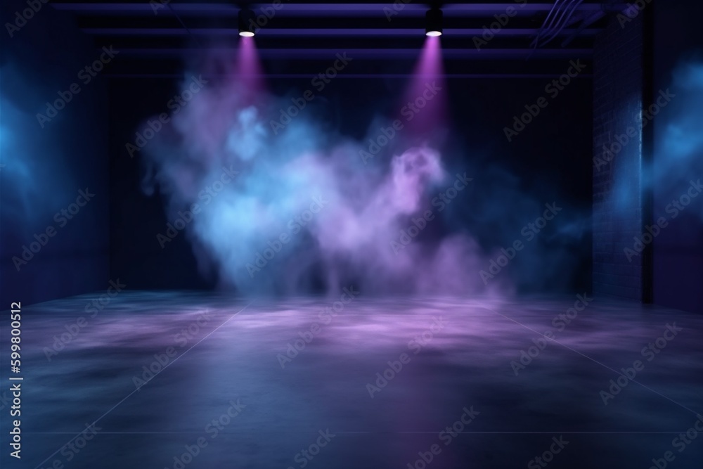 smoke fog background abstract rays space club room neon light blue. Generative AI.