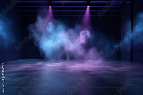 smoke fog background abstract rays space club room neon light blue. Generative AI. © VICHIZH