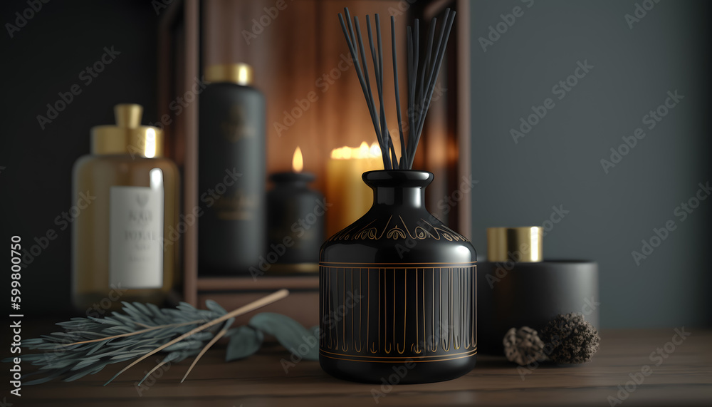 luxurious diffuser with reed sticks in expensive dark interior