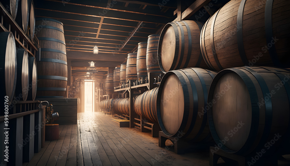 Storage cellar with barrels making wine or whisky bottles. Generation AI