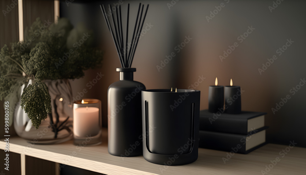 luxurious diffuser with reed sticks in expensive dark interior