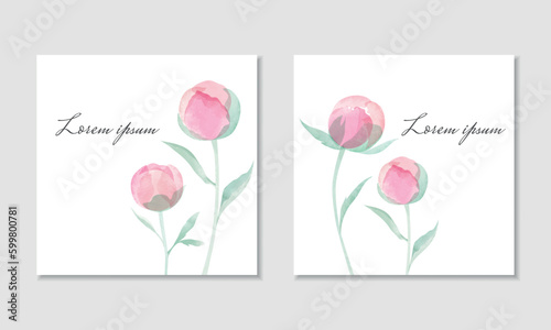 Vector square card templates with watercolor peony buds