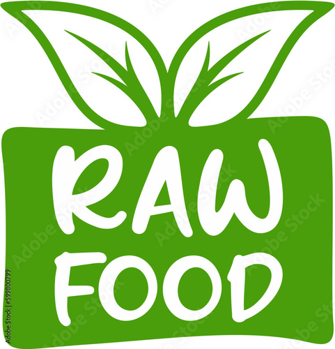 Raw food label, Raw food stamp. Grungy green mark square logo for eco-friendly vegetarian meal. 100 percent raw vegan food painted diet badge. Hand drawn label icon isolated vector illustration