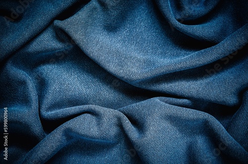 Navy blue wrinkled fabric texture. Close-up of soft cotton cloth, may be used as background.