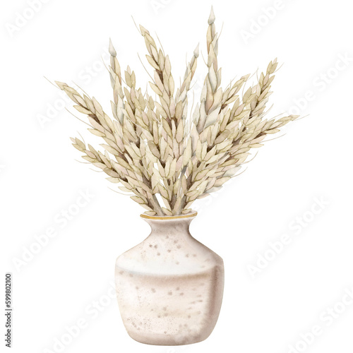 Watercolor wheat bouquet in vintage beige vase illustration, isolated on white, harvest composition in pastel colors for Shavuot Jewish holiday, eco friendly decor designs