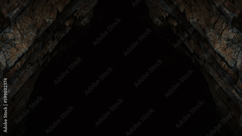 Abstract black background with dark rock texture on the side. Mystical gloomy mountain texture, deep dark cave in the rocks